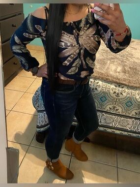 Blush Navy Cold-Shoulder Feather Print Blouse